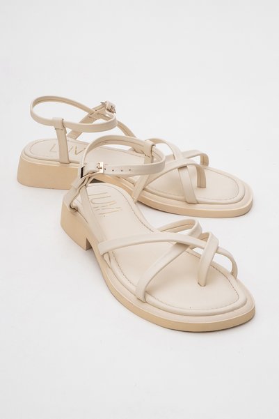 ANTAS Beige Genuine Leather Women's Flip Flops Sandals