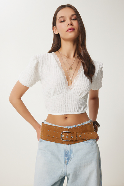 Women's White Balloon Sleeve Crop Knitted Blouse Zv00278