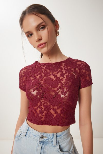 Women's Burgundy Lace Stretchy Crop Blouse Kh00094