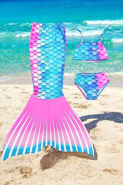 Бикини за девојчиња со дизајн на сирена - костим за капење Little Mermaid со прелевање на бои