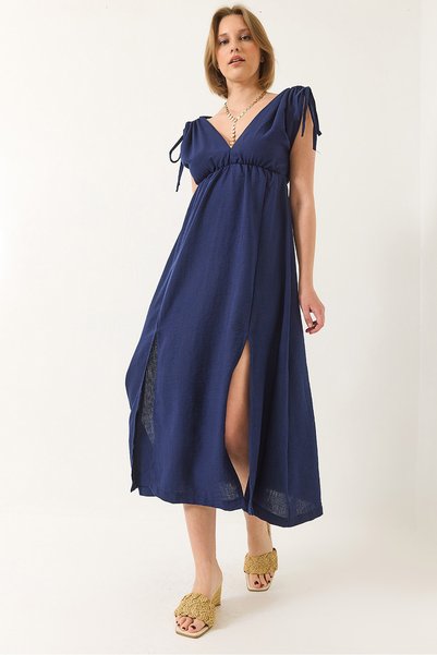 Women's Navy Blue V-Neck Elastic Waist Slit Dress with Tie Detail and Linen Texture 437 60283175