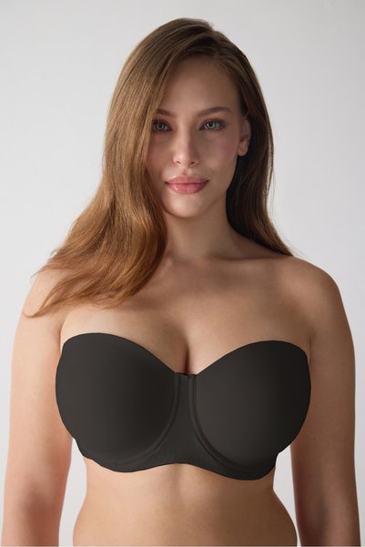 7038 Plain Fabric Plus Size Thin Sponge Strapless Bra - Black