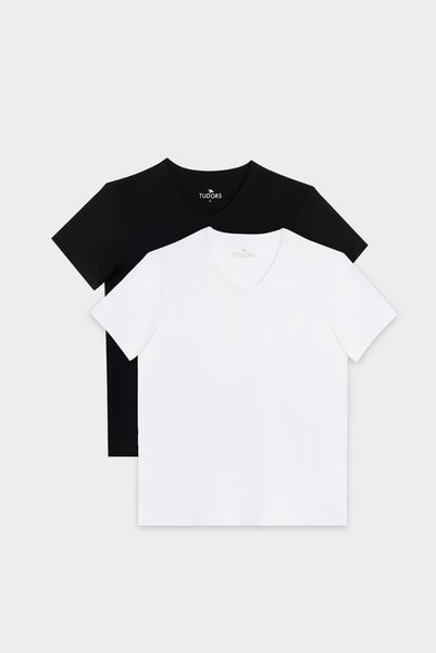 Unisex 2 Pack Black-White Slim Fit Slim Fit 100% Cotton V-Neck T-Shirt