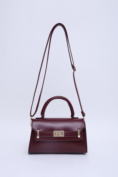 Burgundy Shk188 Faux Leather Single Compartment Lock Detailed Strap Hand, Arm and Shoulder Bag