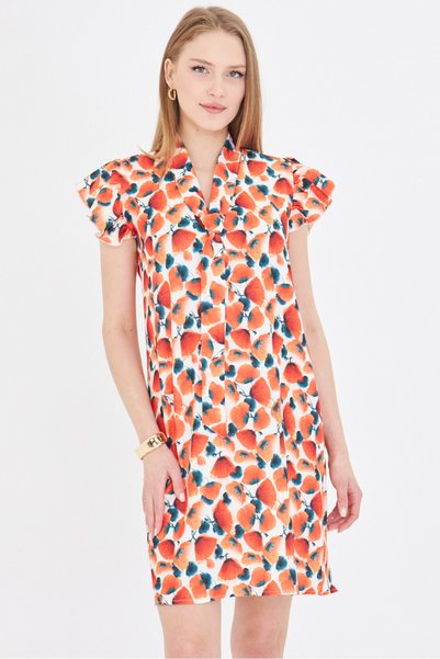 Women's Pomegranate Flower V-Neck Dress with Ruffled Sleeves and Tie Detail Arm-25Y 001023