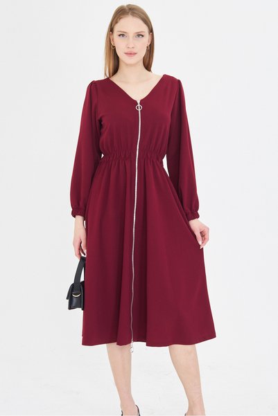 Women's Burgundy Front Back V-Neck Front Zipper Long Sleeve Midi Length Dress Arm-25Y001002