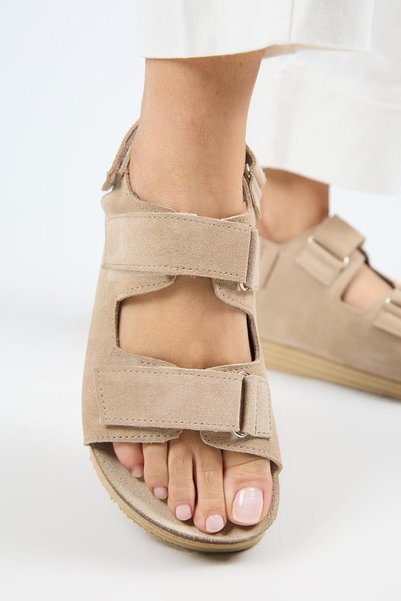 Emilia Women's Genuine Leather Double Velcro Beige Sandals