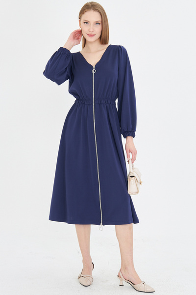 Women's Navy Blue Front Back V Neck Front Zipper Long Sleeve Midi Dress Arm-25Y 001002