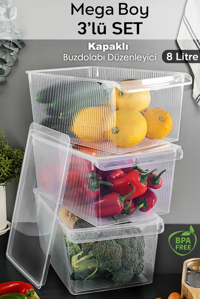 3 Storage Containers with Lids - Organizer Organizer Fruit Vegetable Ration Container Storage Box 8 Liters