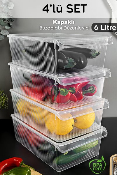 4 Storage Containers with Lids - Organizer Organizer Fruit Vegetable Ration Container Storage Box 6 Liters
