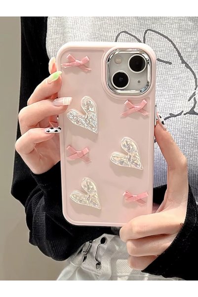 iPhone 13 / 14 / 15 Compatible Case Shockproof Hard Silicone Cover with Ribbon and Heart Figure