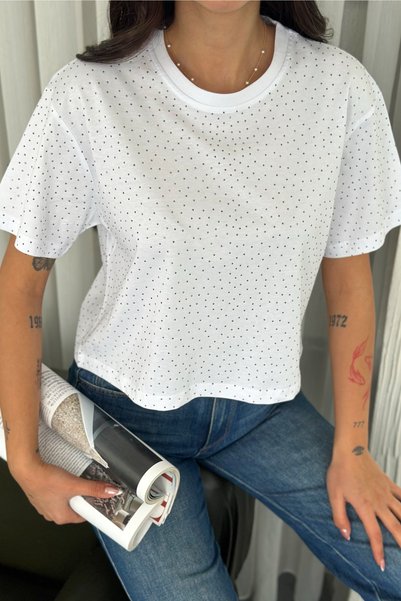 Women's White Sprinkled Paste Stone Detailed Cotton T-Shirt