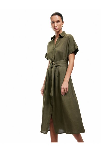 Belted Viscose Linen Blended Oversize Short Sleeve Shirt Dress