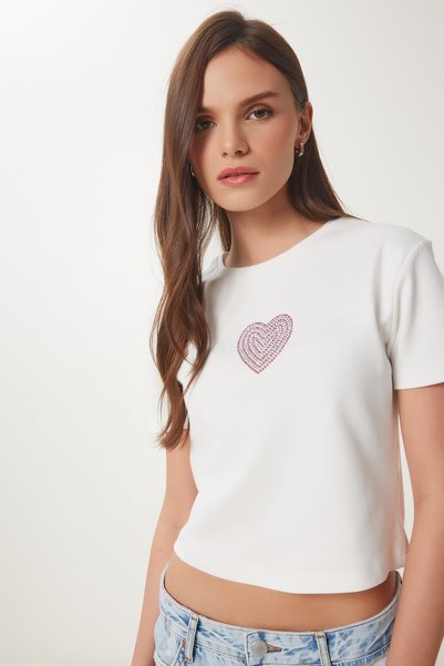 Stoned Heart Detailed Crop Knitted T-Shirt Ecru Lbv0058