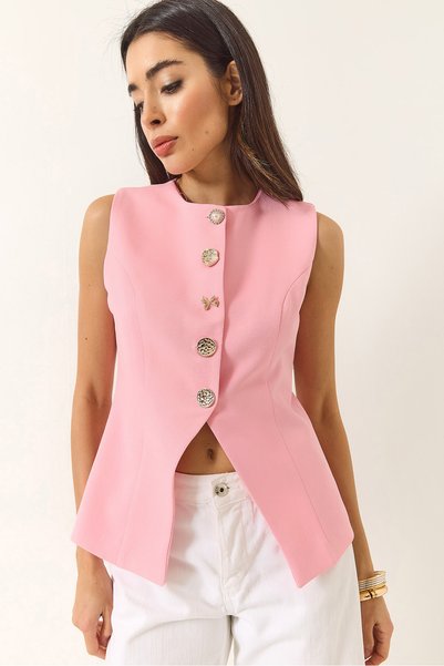 Women's Candy Pink Regular Bisilet Collar Gold Button Detailed Lined Woven Vest 9005 60283150