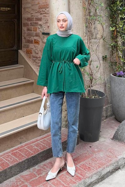 Slit Detailed Sweatshirt Emerald Green