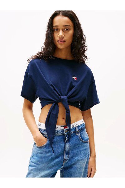 Women's Navy Blue Knot Detailed Logo T-Shirt