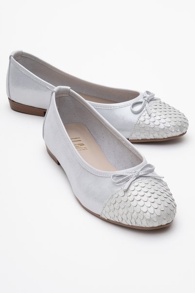 02 White Lurex Genuine Leather Women's Ballerina Shoes
