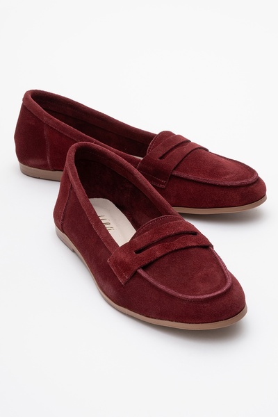 F02 Burgundy Suede Genuine Leather Women's Loafer Shoes