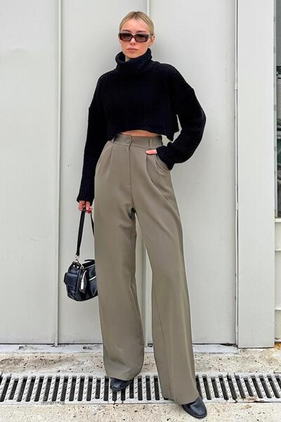 Khaki Hera Elastic Waist Pocket Palazzo Women's Trousers