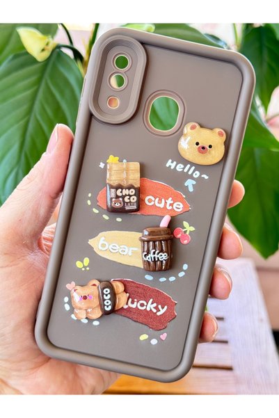 Galaxy A20/A30 Case Designed Patterned Camera Protected Teddy Bear Coffee Color Soft Silicone