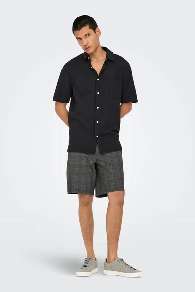 Men's Onscaiden Short Sleeve Single Pocket Linen Shirt 22031805   Black
