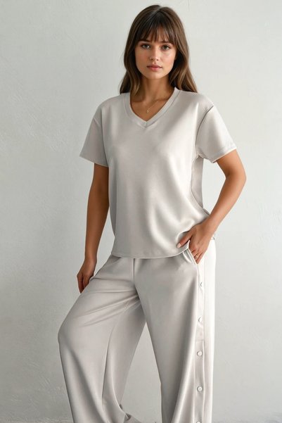 Modal Set Premium Beige Elastic Waist Snap Button
