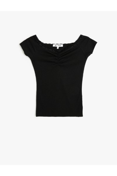 Lace Detailed Slim Fit Short Sleeve T-Shirt