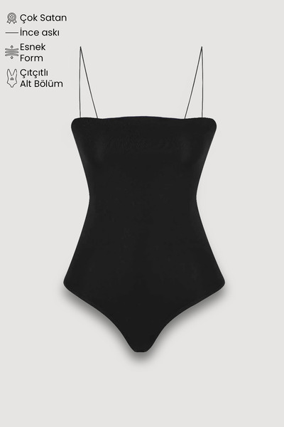 Snap Fastener Thin Strap Bodysuit Black