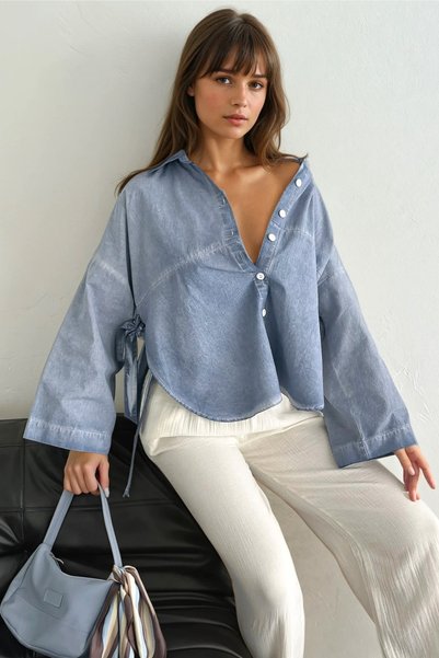 Women's Blue Loose 100% Cotton Oversize Washed Shirt with Bow Tie Detail on the Sides