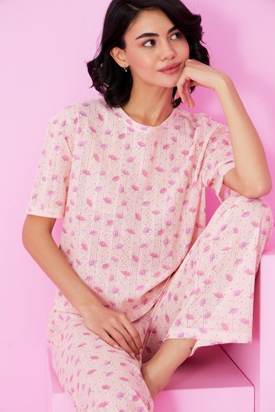 Salmon Flower Pattern Pointel Openwork/Hole Crew Neck Knitted Pajama Set