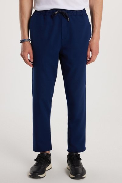 Men's Regular Fit Comfortable Cut Pocketed Elastic Waist Lace-Up Jogger Navy Blue Trousers