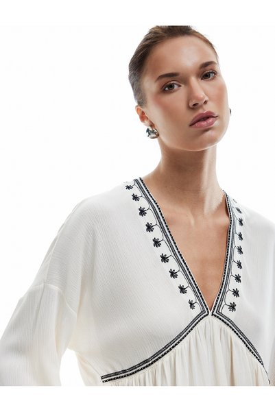 Viscose Fabric Embroidery Detailed Long Sleeve V-Neck Blouse