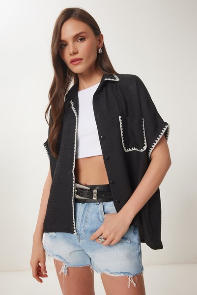 Contrast Striped Linen Shirt Black Ltp0016