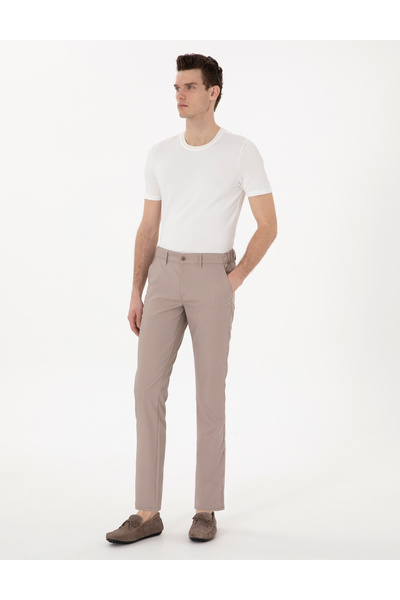 Dark Beige Slim Fit Elastic Waist Canvas Trousers 50308092-Vr088