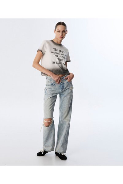 Wide Leg Jean Pants with Aging Effect
