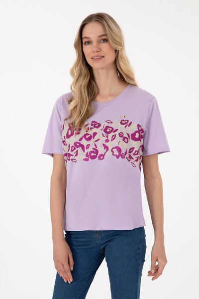 Women's Lilac Patterned Crew Neck T-Shirt 50299733-Vr034