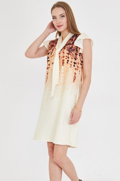 Women's Light Brown V-Neck Dress with Ruffled Sleeves and Tie Detail Arm-25Y 001023