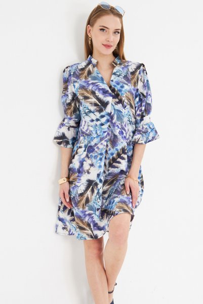 Women's Blue V-Neck Pleated Detailed Pocket Quarter Sleeve Dress Arm-25Y 001029