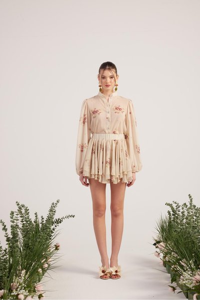 Valeria Set with Floral Shirt and Shorts Skirt Beige