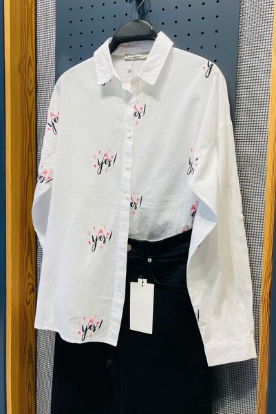 Women's White Yes Embroidered Oversize 100% Cotton Shirt