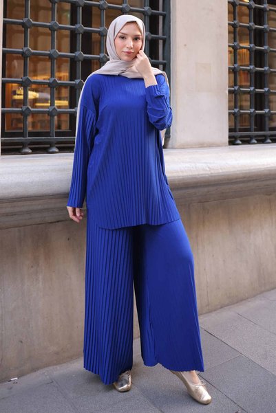 Cobalt Blue Pleated Sandy Tunic Trousers Set