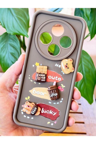 Redmi 14C Case Designed with Patterned Camera Protection Teddy Bear Coffee Color Soft Silicone Cover