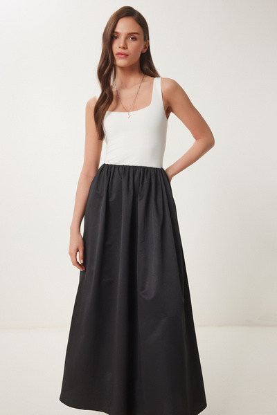 Stretchy Knitted Top Woven Skirt Dress Black Bone Lfn0094