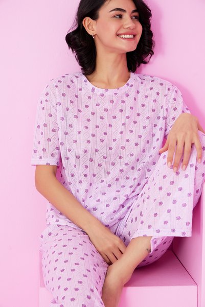 Lilac Purple Flower Print Pointel Openwork/Hole Crew Neck Knitted Pajama Set