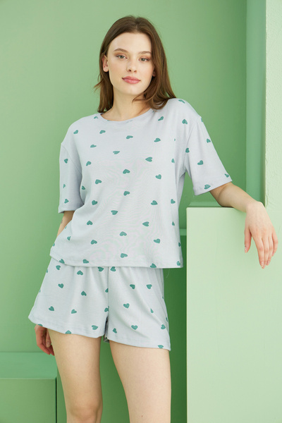 Blue Heart Printed Ribbed Camisole Knitted Shorts Set