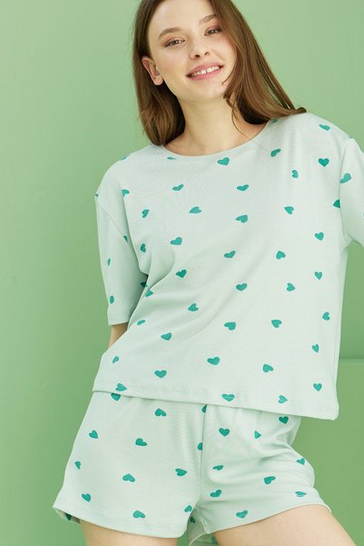 Green Heart Printed Ribbed Camisole Knitted Shorts Set