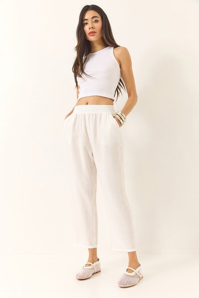Women's Ecru Elastic Waist Slim Carrot Cut Trousers with Pocket Detail 3876 60281040