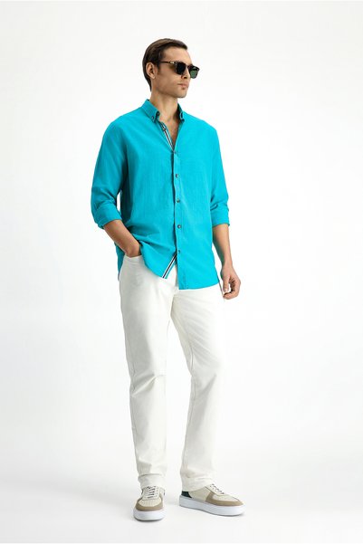 Long Sleeve Regular Fit Button Collar Linen Look Sports Cotton Shirt