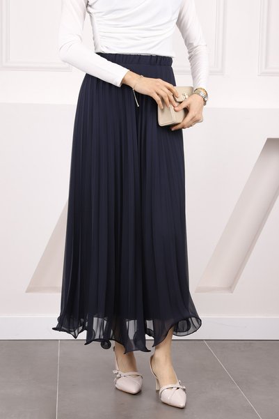 Navy Blue Elastic Waist Pleated Chiffon Skirt